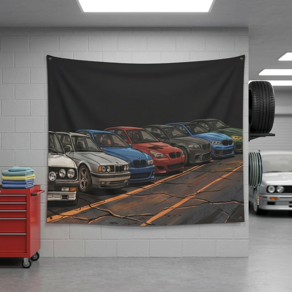 BMW M Generations Retro Modern Car Wall Art Tapestry
