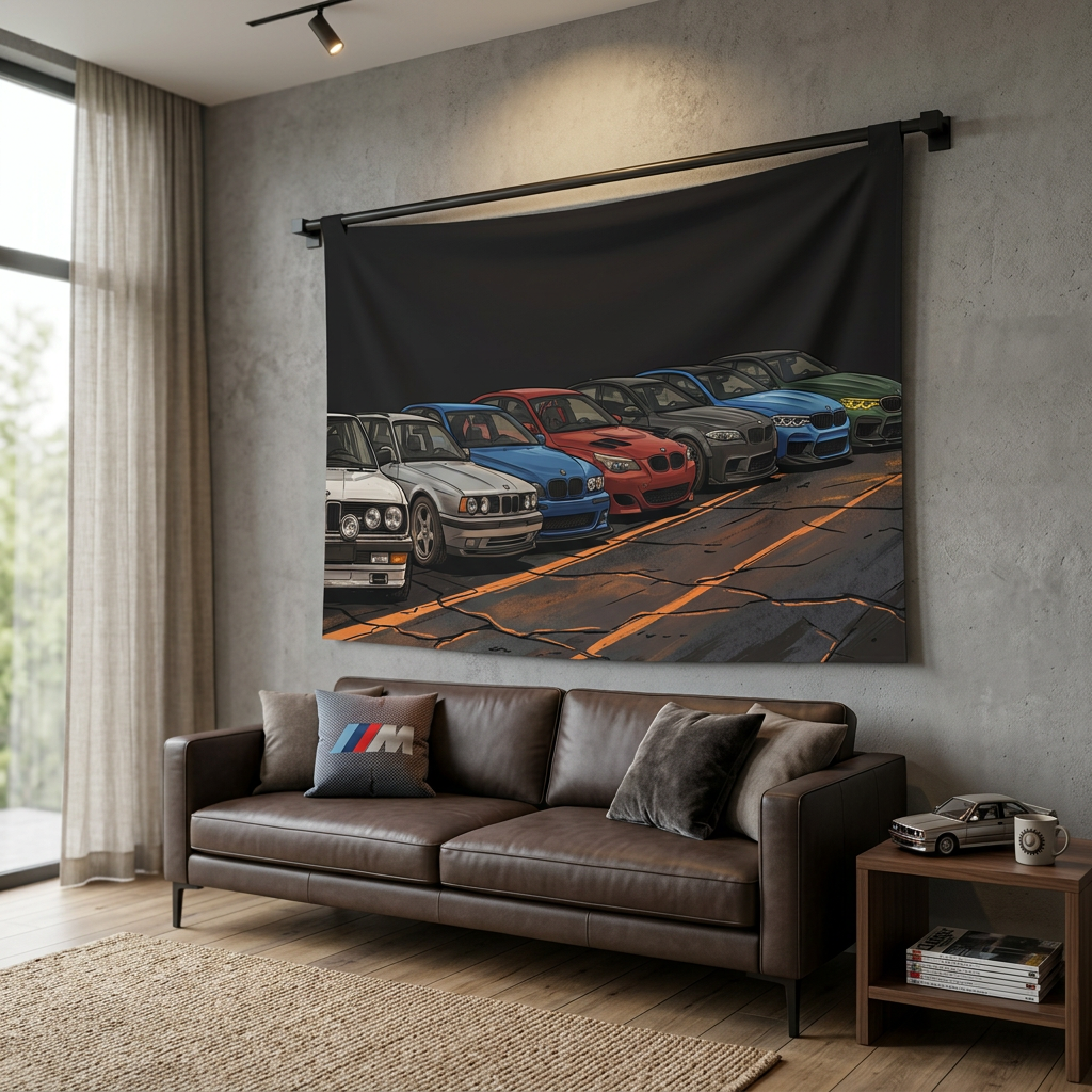 BMW M Generations Retro Modern Car Wall Art Tapestry