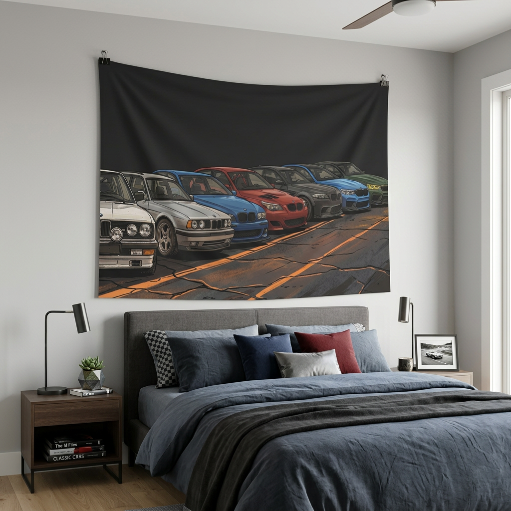 BMW M Generations Retro Modern Car Wall Art Tapestry