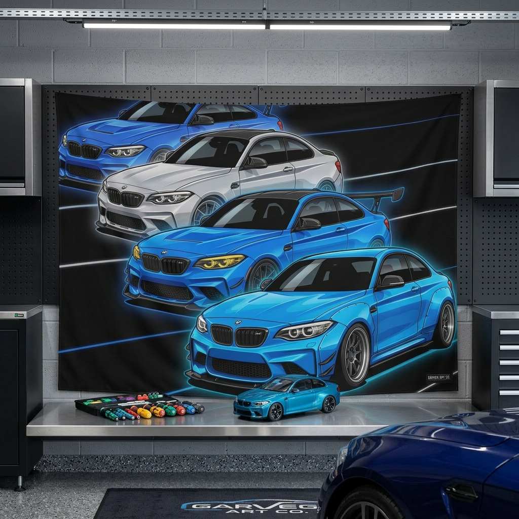 BMW M2 Line Up Neon Car Wall Art Tapestry