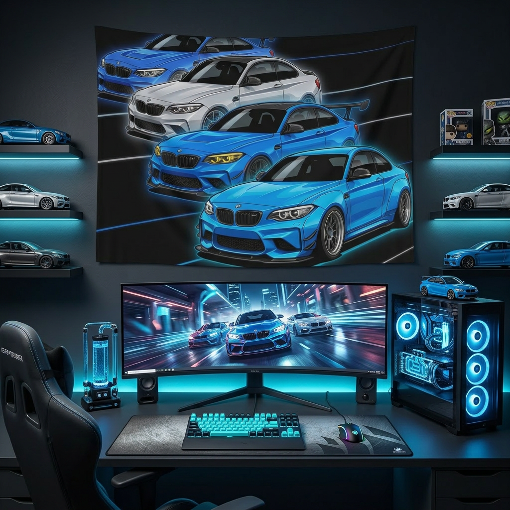 BMW M2 Line Up Neon Car Wall Art Tapestry