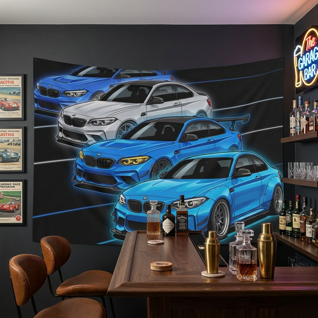 BMW M2 Line Up Neon Car Wall Art Tapestry