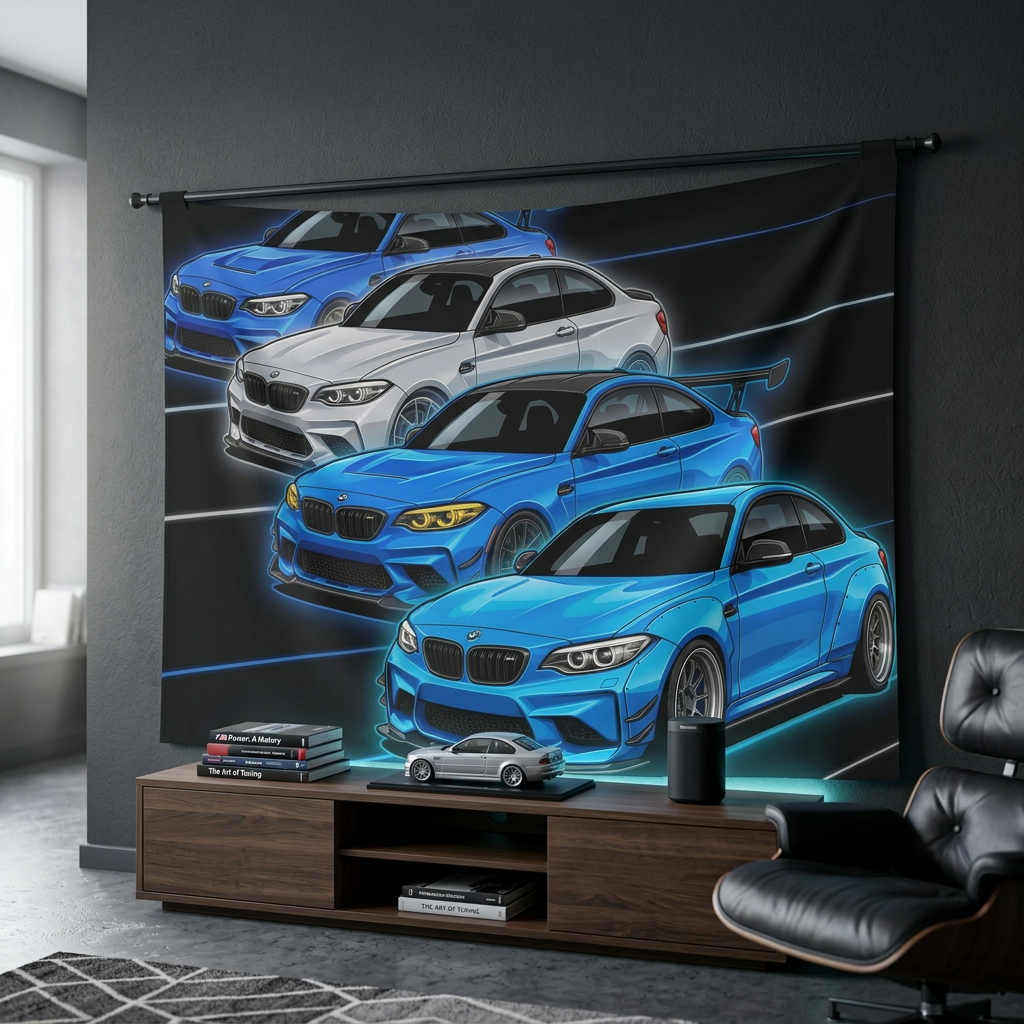 BMW M2 Line Up Neon Car Wall Art Tapestry