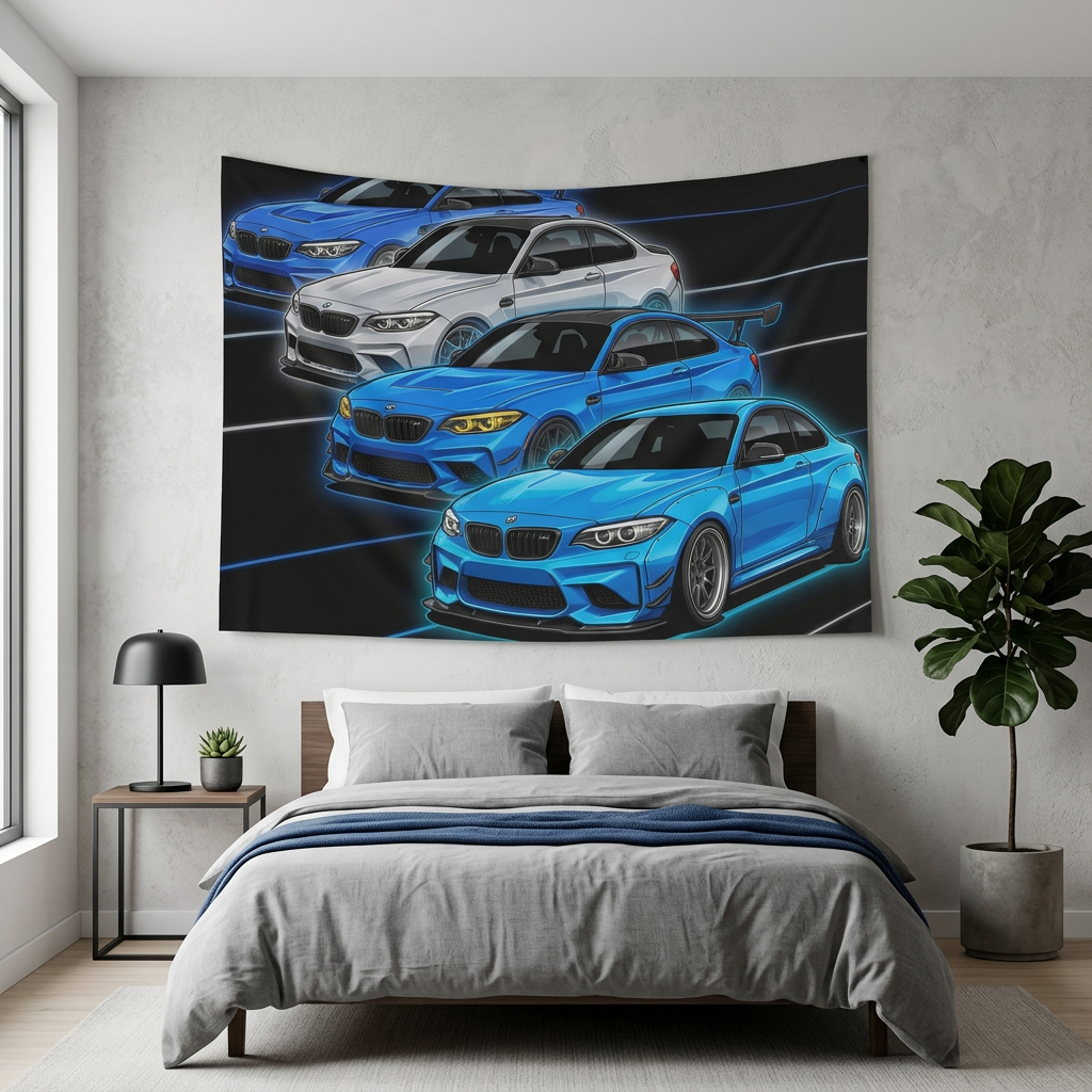 BMW M2 Line Up Neon Car Wall Art Tapestry