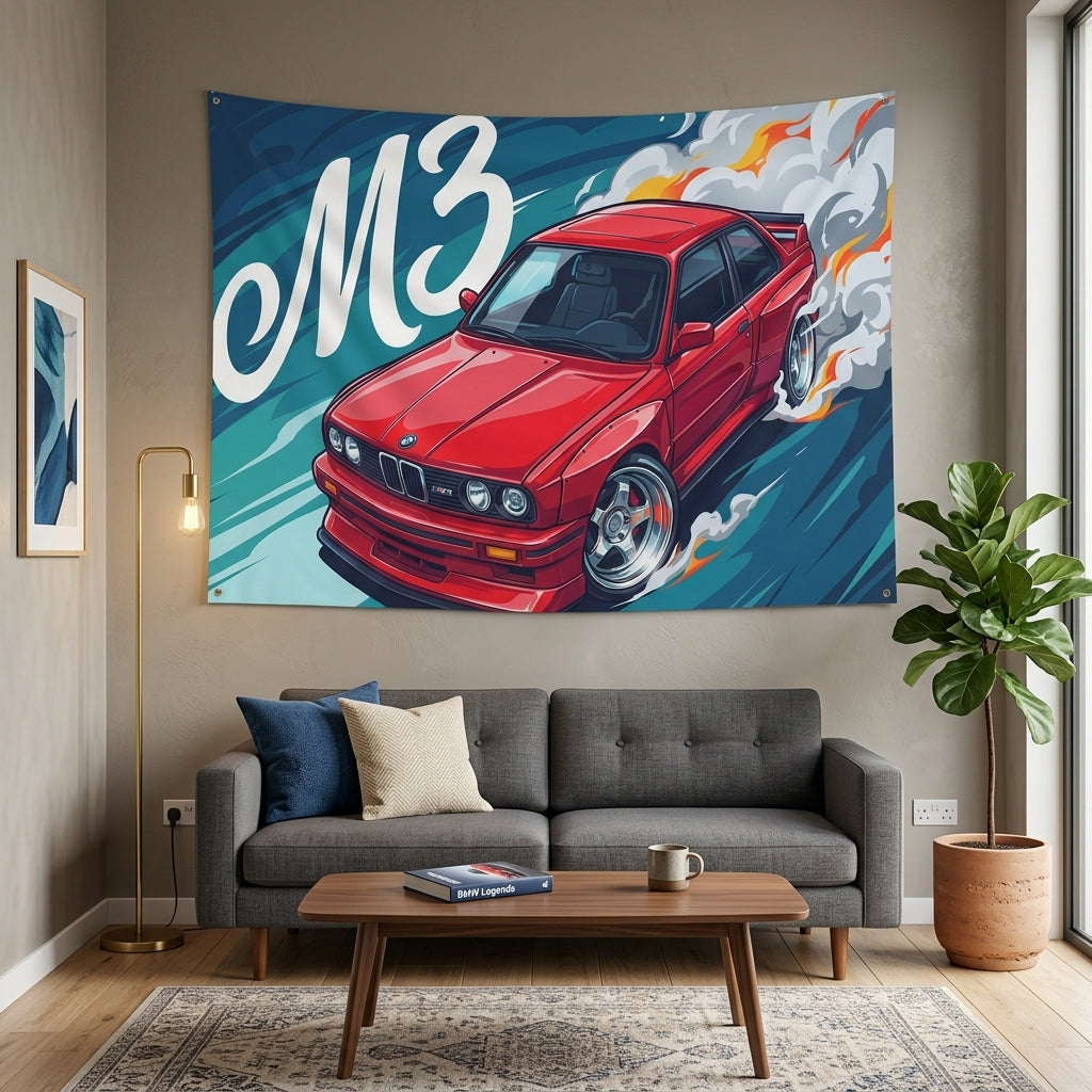 BMW M3 E30 Red Chrome Wheels Aerial Bold Graphic Car Wall Art Tapestry