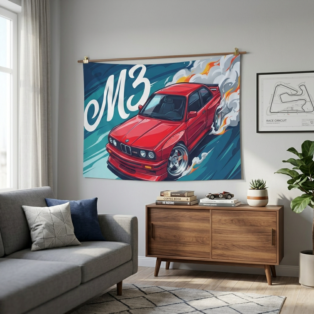 BMW M3 E30 Red Chrome Wheels Aerial Bold Graphic Car Wall Art Tapestry