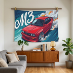 BMW M3 E30 Red Chrome Wheels Aerial Bold Graphic Car Wall Art Tapestry