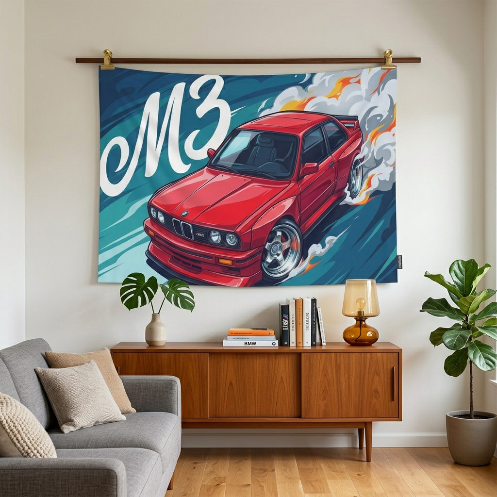 BMW M3 E30 Red Chrome Wheels Aerial Bold Graphic Car Wall Art Tapestry
