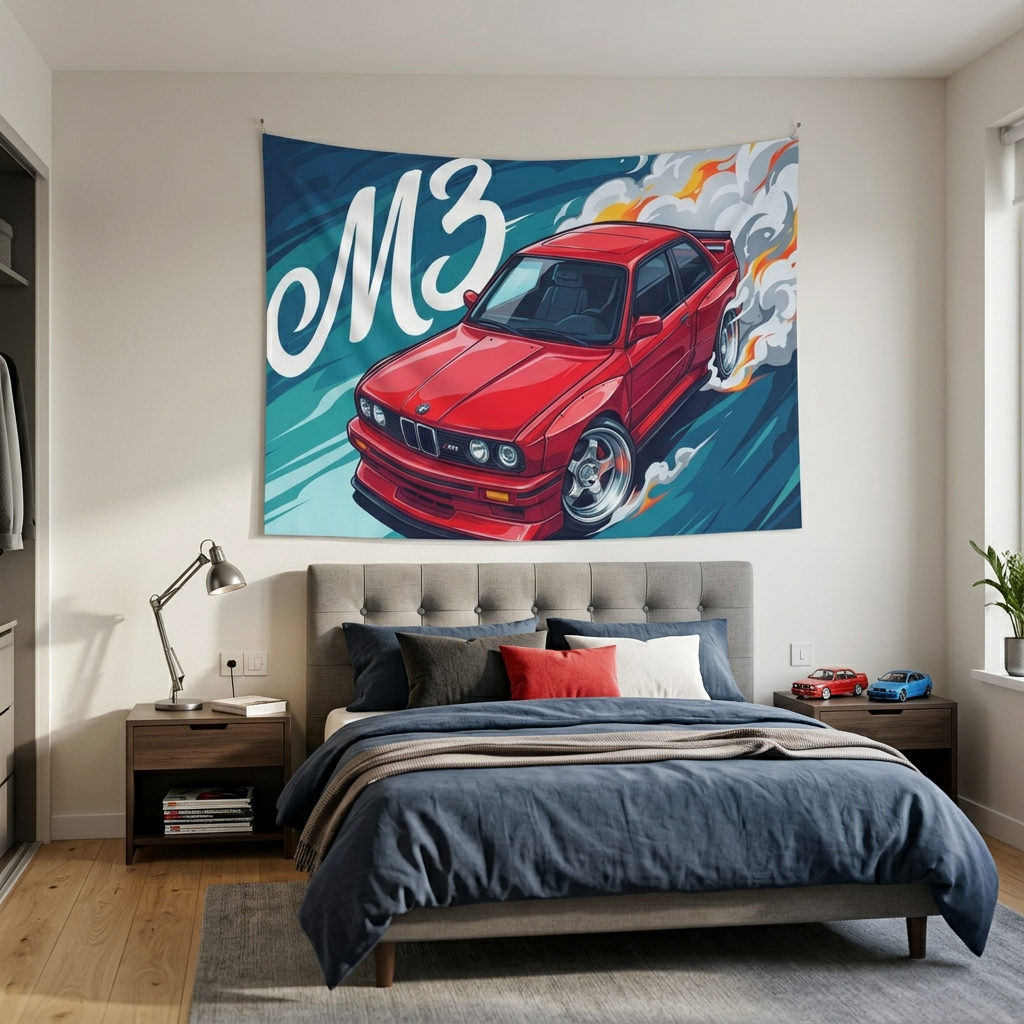 BMW M3 E30 Red Chrome Wheels Aerial Bold Graphic Car Wall Art Tapestry