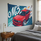 BMW M3 E30 Red Chrome Wheels Aerial Bold Graphic Car Wall Art Tapestry