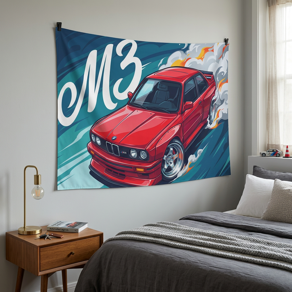 BMW M3 E30 Red Chrome Wheels Aerial Bold Graphic Car Wall Art Tapestry