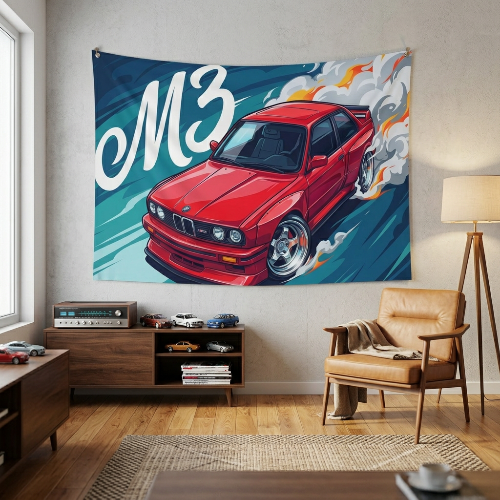 BMW M3 E30 Red Chrome Wheels Aerial Bold Graphic Car Wall Art Tapestry