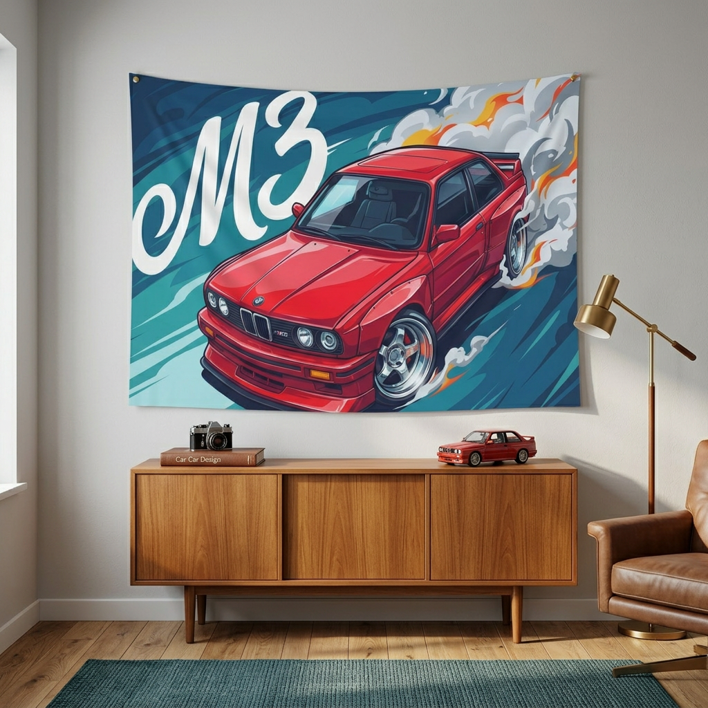 BMW M3 E30 Red Chrome Wheels Aerial Bold Graphic Car Wall Art Tapestry