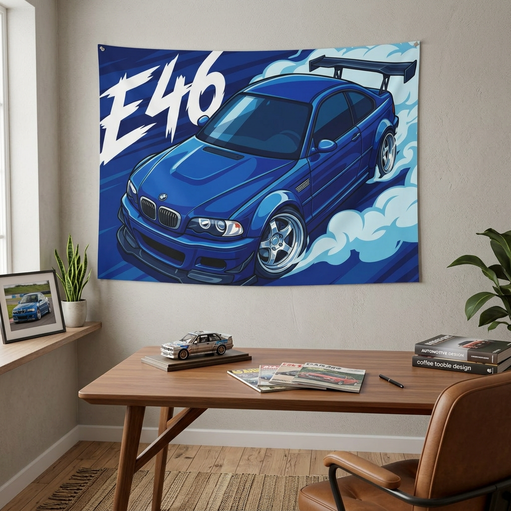 BMW M3 E46 Estoril Blue GT Wing Widebody Aerial Bold Graphic Car Wall Art Tapestry