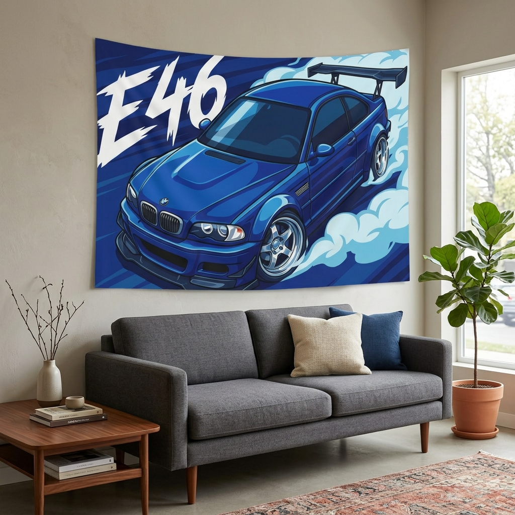 BMW M3 E46 Estoril Blue GT Wing Widebody Aerial Bold Graphic Car Wall Art Tapestry