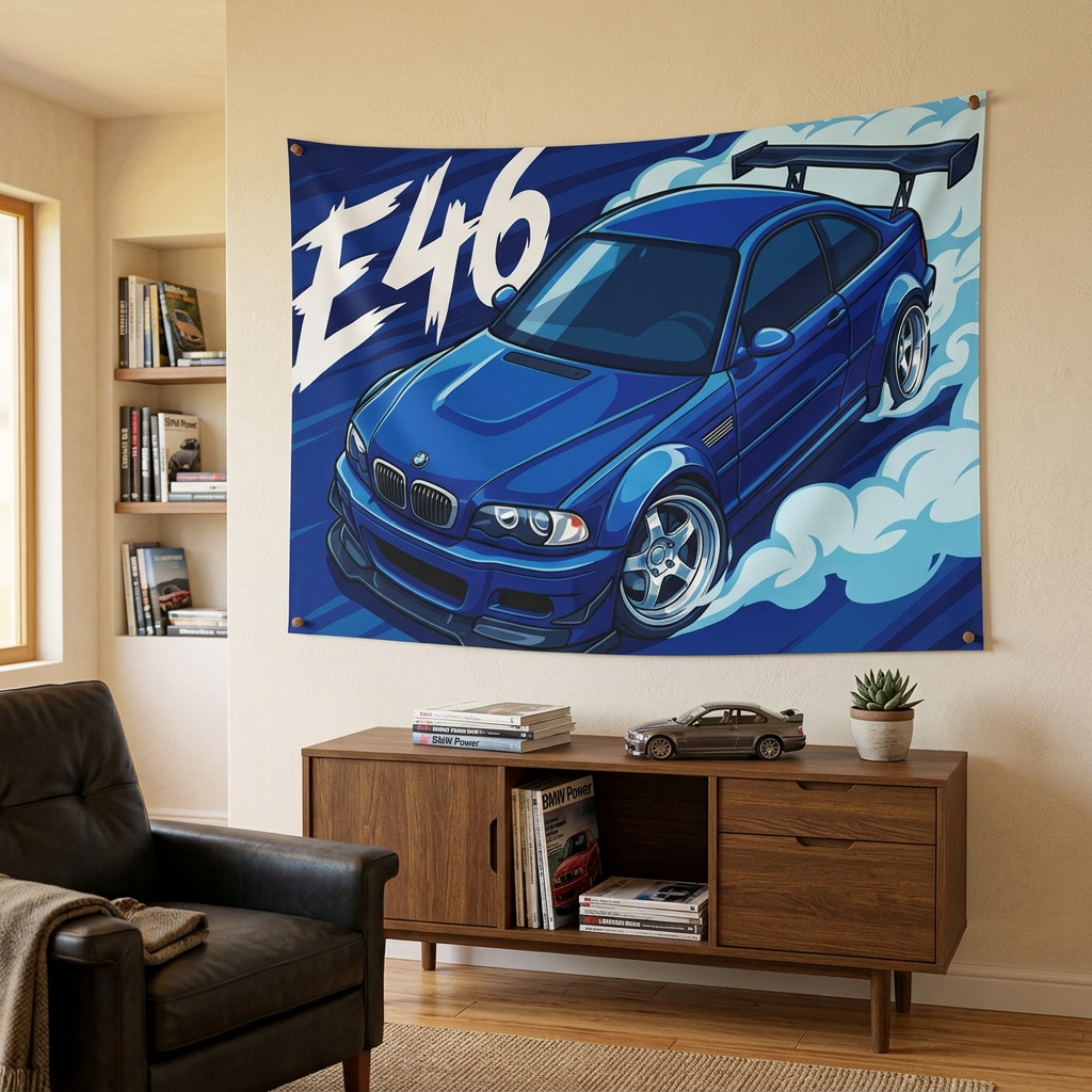 BMW M3 E46 Estoril Blue GT Wing Widebody Aerial Bold Graphic Car Wall Art Tapestry