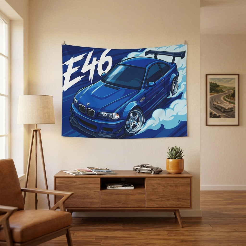 BMW M3 E46 Estoril Blue GT Wing Widebody Aerial Bold Graphic Car Wall Art Tapestry