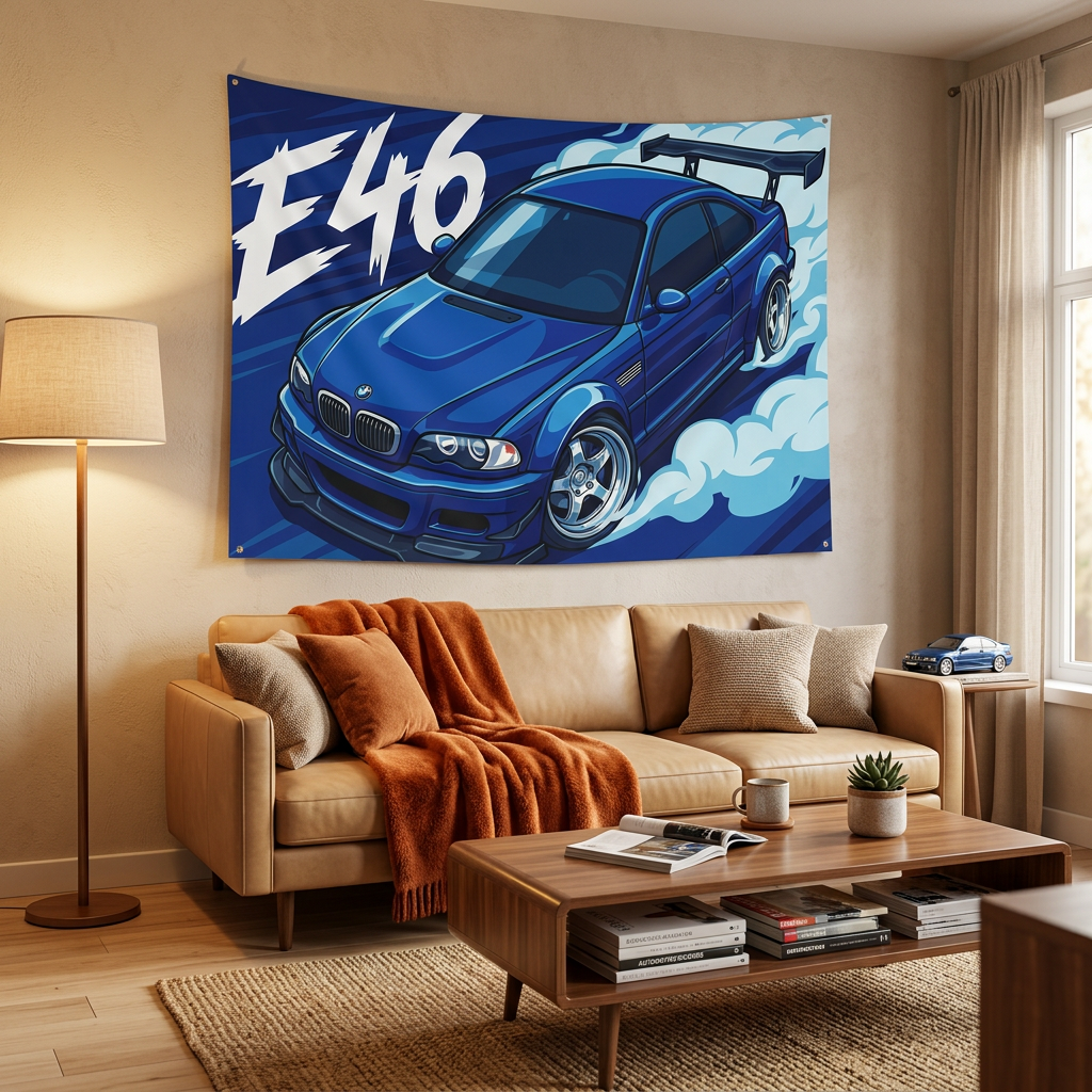 BMW M3 E46 Estoril Blue GT Wing Widebody Aerial Bold Graphic Car Wall Art Tapestry