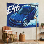 BMW M3 E46 Estoril Blue GT Wing Widebody Aerial Bold Graphic Car Wall Art Tapestry
