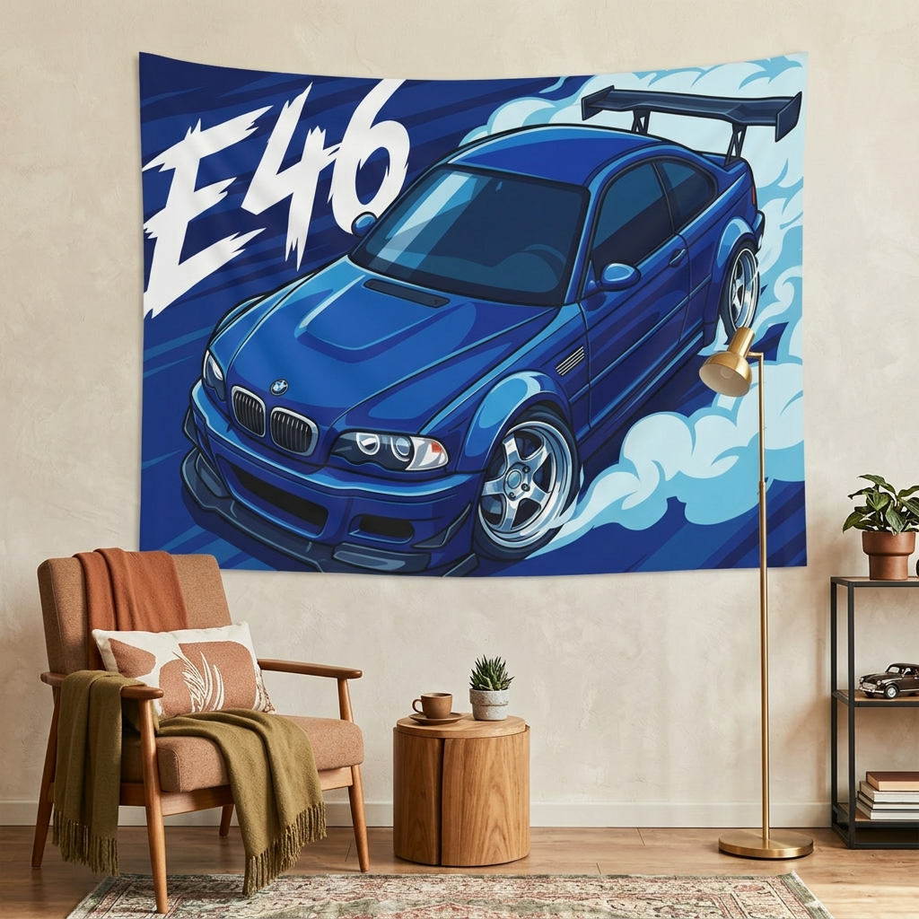 BMW M3 E46 Estoril Blue GT Wing Widebody Aerial Bold Graphic Car Wall Art Tapestry