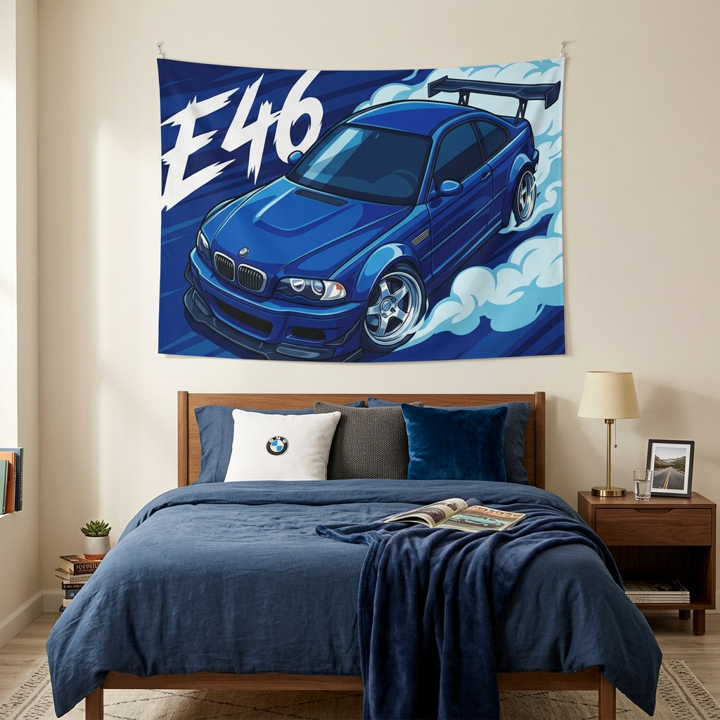 BMW M3 E46 Estoril Blue GT Wing Widebody Aerial Bold Graphic Car Wall Art Tapestry