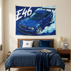 BMW M3 E46 Estoril Blue GT Wing Widebody Aerial Bold Graphic Car Wall Art Tapestry