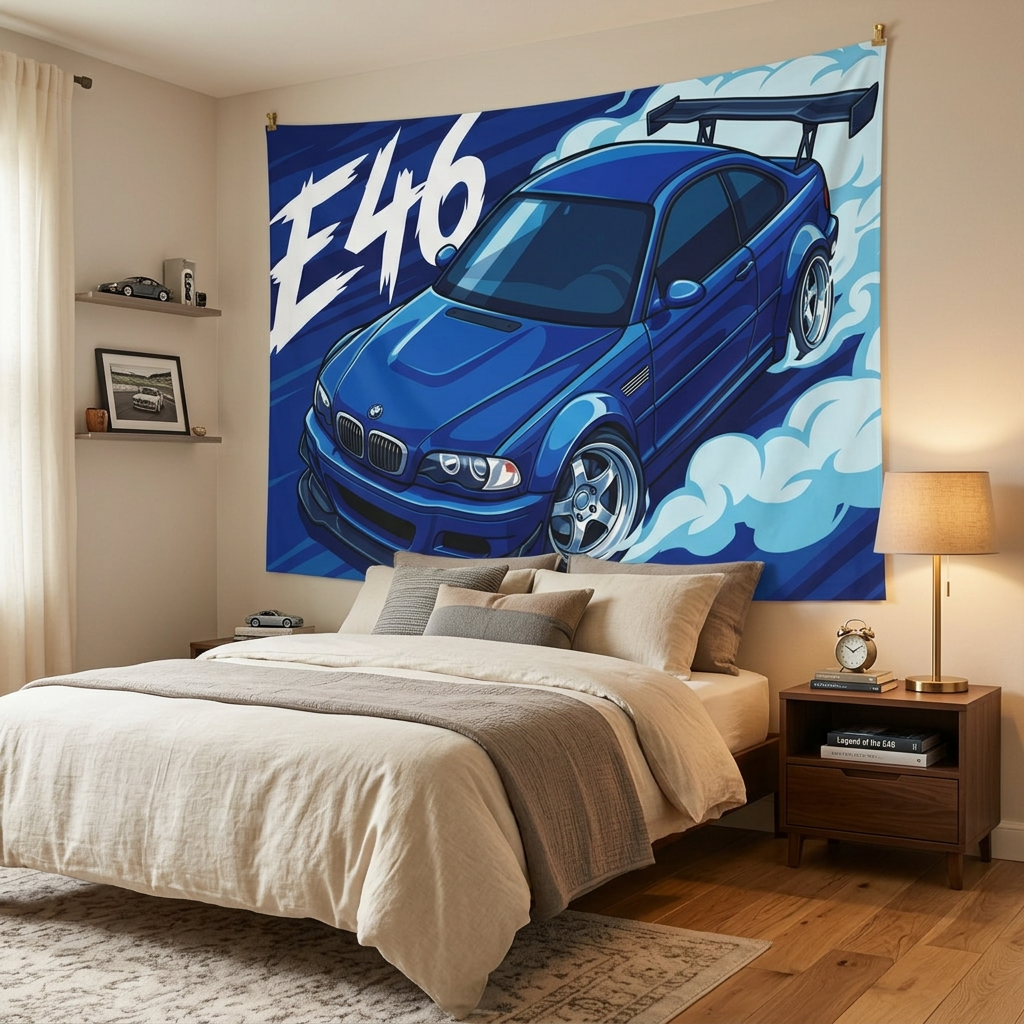 BMW M3 E46 Estoril Blue GT Wing Widebody Aerial Bold Graphic Car Wall Art Tapestry