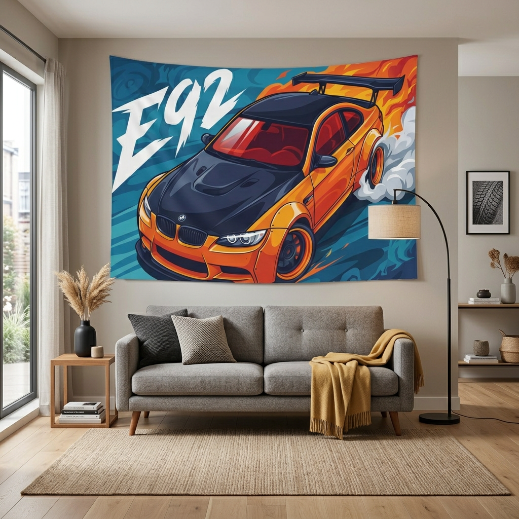 BMW M3 E92 Orange Black Bonnet GT Wing Widebody Aerial Bold Graphic Car Wall Art Tapestry