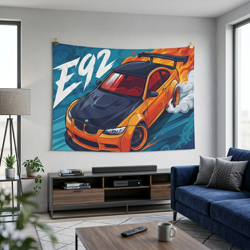 BMW M3 E92 Orange Black Bonnet GT Wing Widebody Aerial Bold Graphic Car Wall Art Tapestry