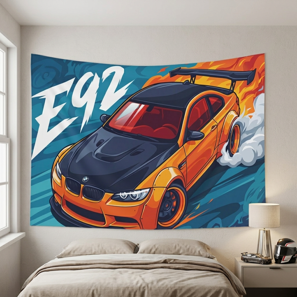 BMW M3 E92 Orange Black Bonnet GT Wing Widebody Aerial Bold Graphic Car Wall Art Tapestry