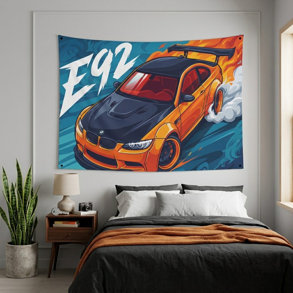BMW M3 E92 Orange Black Bonnet GT Wing Widebody Aerial Bold Graphic Car Wall Art Tapestry
