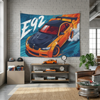 BMW M3 E92 Orange Black Bonnet GT Wing Widebody Aerial Bold Graphic Car Wall Art Tapestry