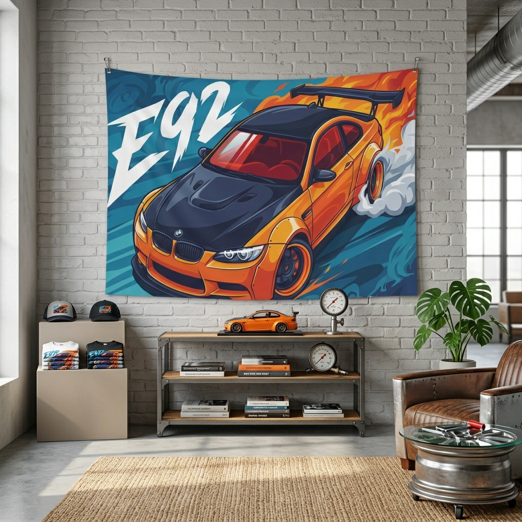 BMW M3 E92 Orange Black Bonnet GT Wing Widebody Aerial Bold Graphic Car Wall Art Tapestry