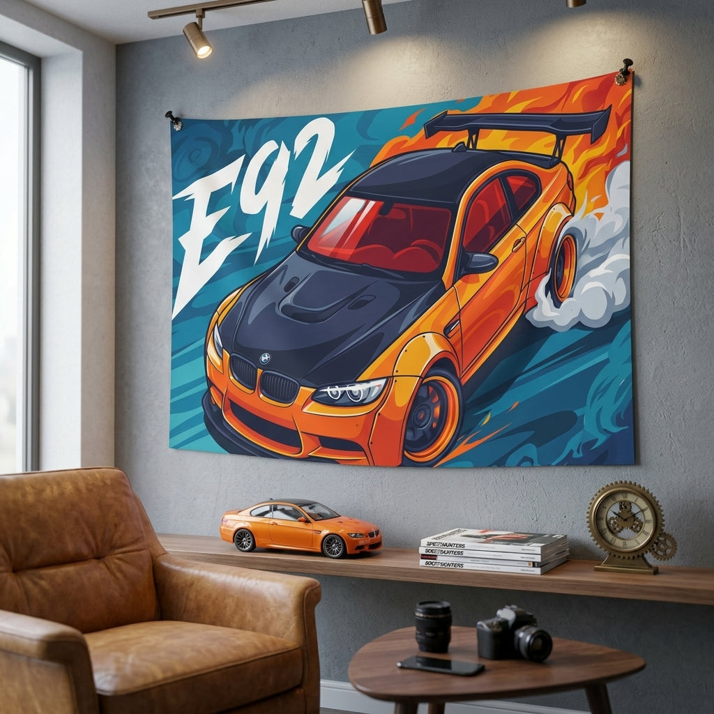 BMW M3 E92 Orange Black Bonnet GT Wing Widebody Aerial Bold Graphic Car Wall Art Tapestry