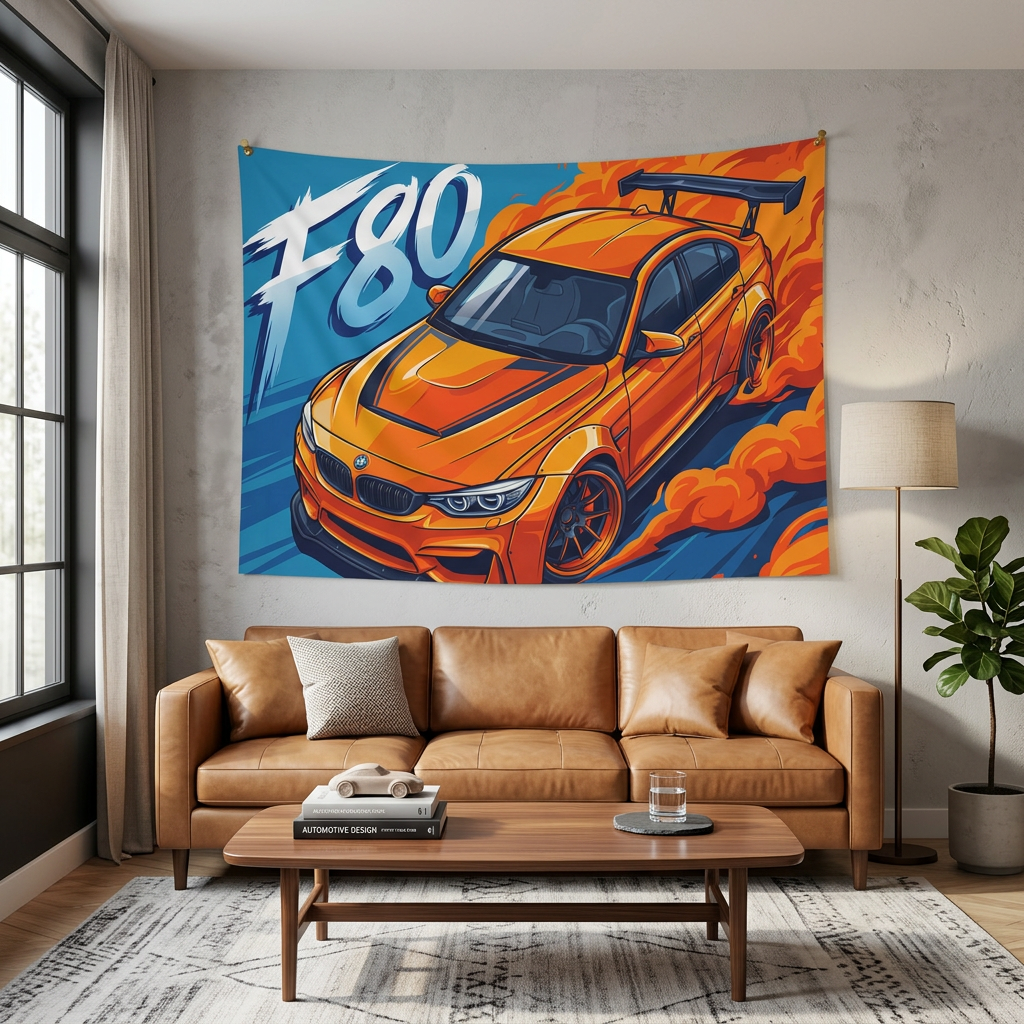BMW M3 F80 Orange GT Wing Widebody Aerial Bold Graphic Car Wall Art Tapestry