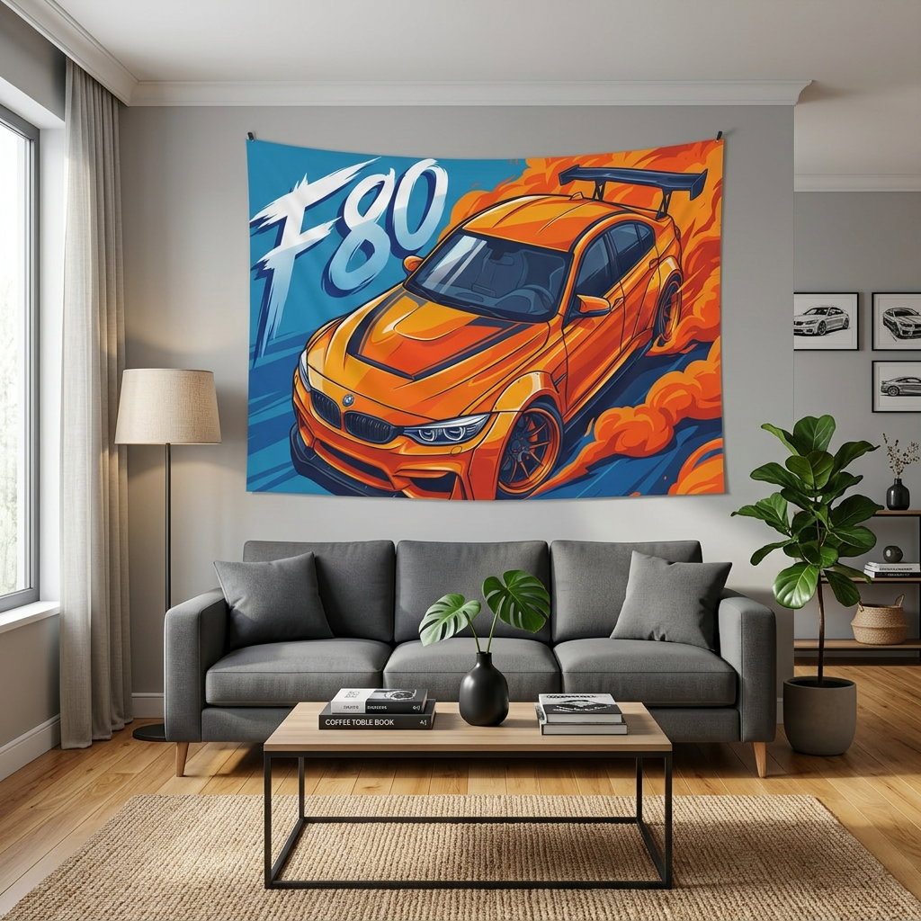 BMW M3 F80 Orange GT Wing Widebody Aerial Bold Graphic Car Wall Art Tapestry