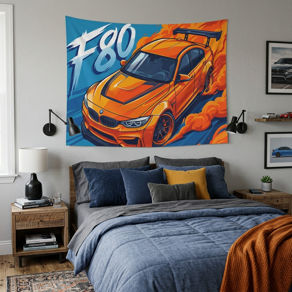 BMW M3 F80 Orange GT Wing Widebody Aerial Bold Graphic Car Wall Art Tapestry