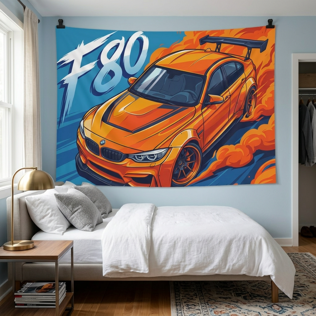 BMW M3 F80 Orange GT Wing Widebody Aerial Bold Graphic Car Wall Art Tapestry