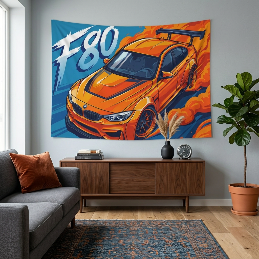 BMW M3 F80 Orange GT Wing Widebody Aerial Bold Graphic Car Wall Art Tapestry