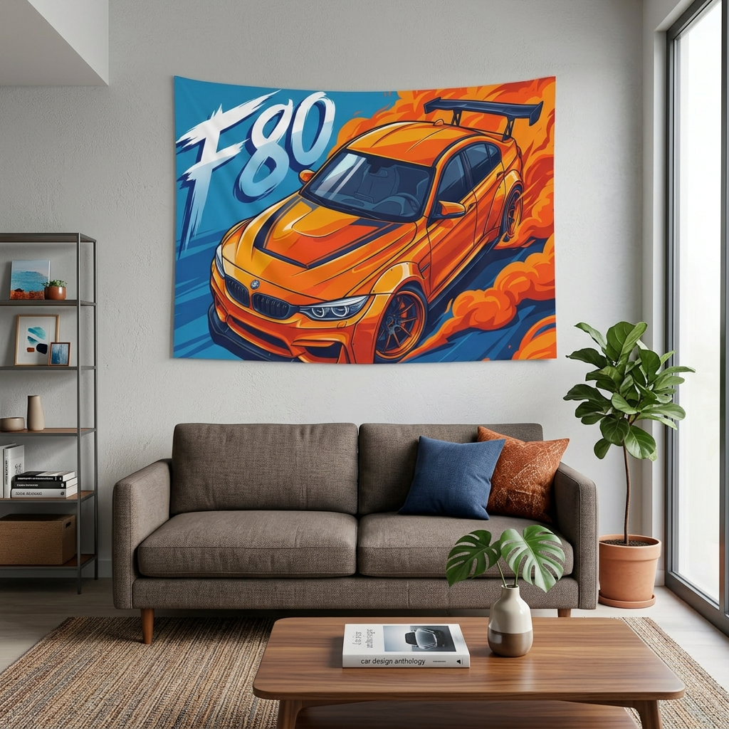 BMW M3 F80 Orange GT Wing Widebody Aerial Bold Graphic Car Wall Art Tapestry
