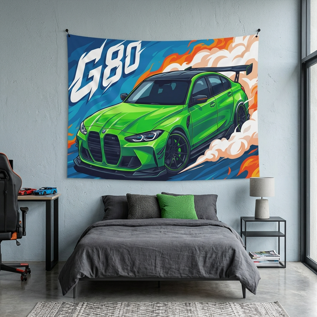 BMW M3 G80 Green GT Wing Carbon Splitter Aerial Bold Graphic Car Wall Art Tapestry