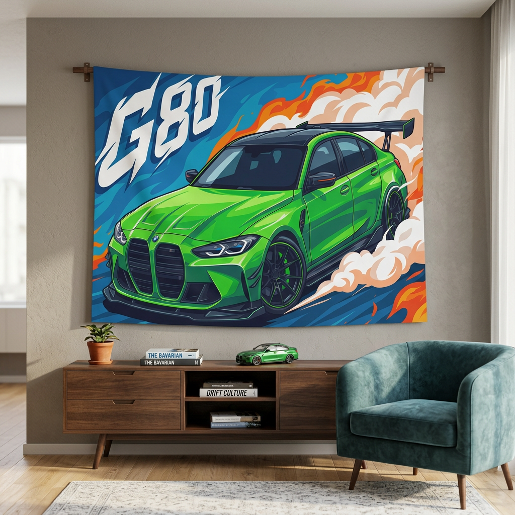 BMW M3 G80 Green GT Wing Carbon Splitter Aerial Bold Graphic Car Wall Art Tapestry