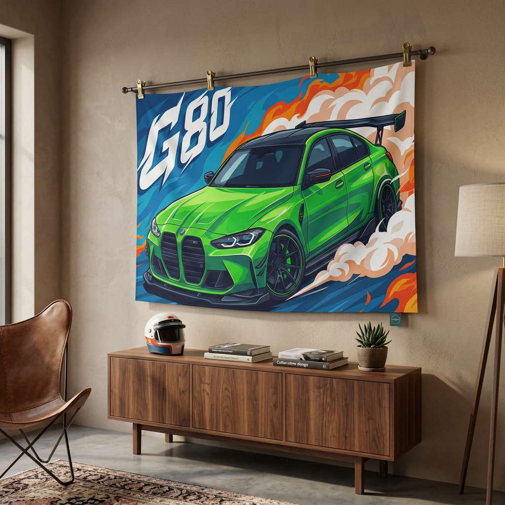 BMW M3 G80 Green GT Wing Carbon Splitter Aerial Bold Graphic Car Wall Art Tapestry