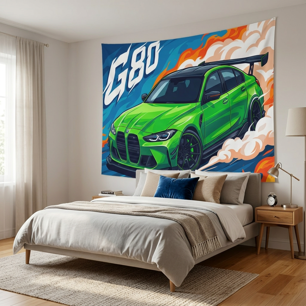 BMW M3 G80 Green GT Wing Carbon Splitter Aerial Bold Graphic Car Wall Art Tapestry
