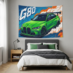 BMW M3 G80 Green GT Wing Carbon Splitter Aerial Bold Graphic Car Wall Art Tapestry