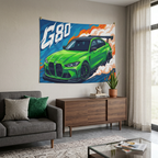 BMW M3 G80 Green GT Wing Carbon Splitter Aerial Bold Graphic Car Wall Art Tapestry
