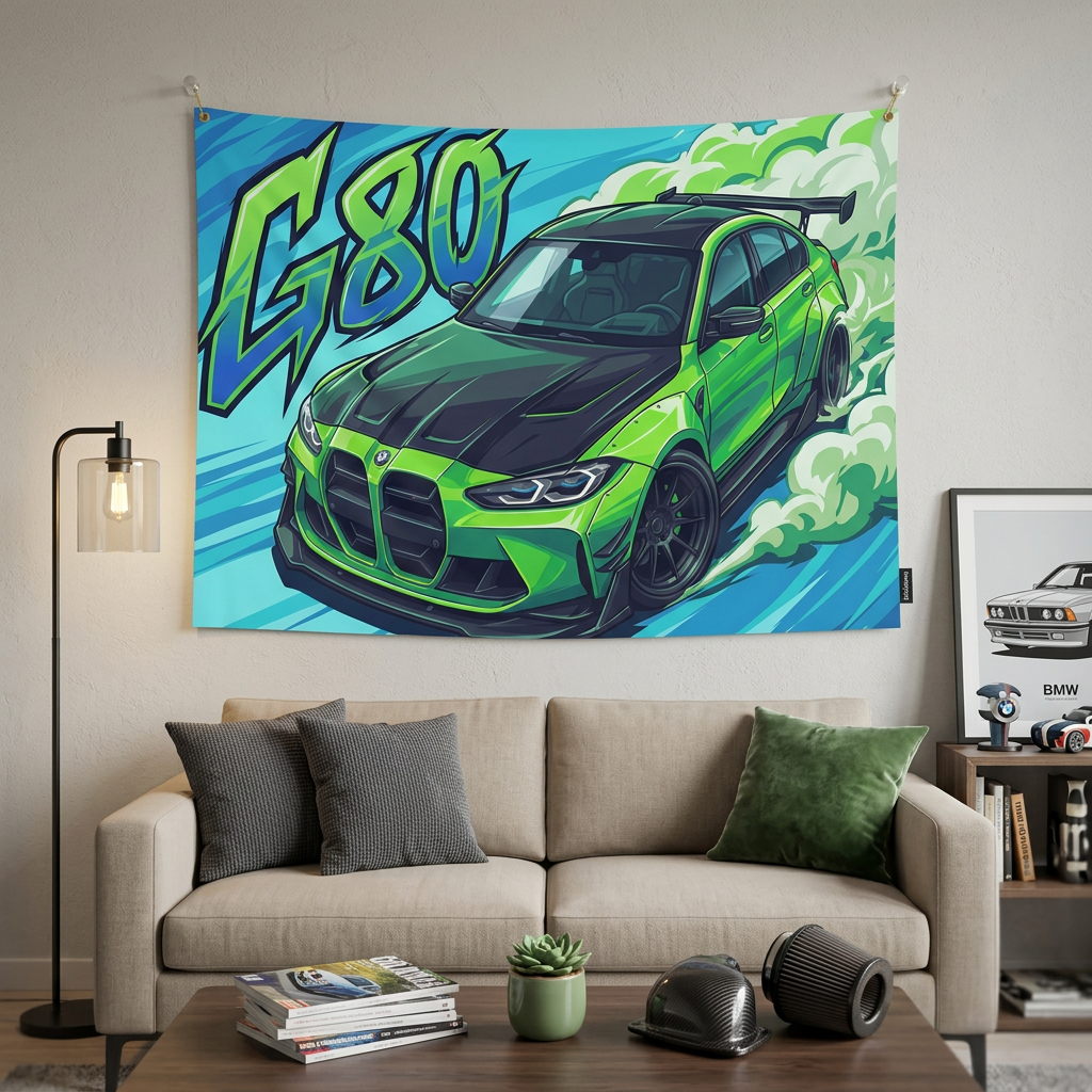 BMW M3 G80 Lime Green Black Bonnet Graffiti Style Aerial Bold Graphic Car Wall Art Tapestry
