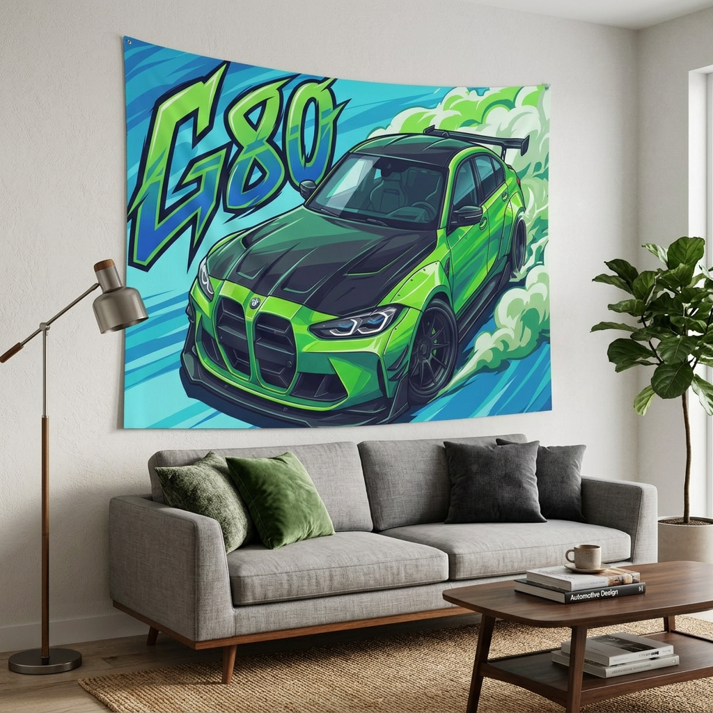 BMW M3 G80 Lime Green Black Bonnet Graffiti Style Aerial Bold Graphic Car Wall Art Tapestry