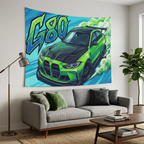 BMW M3 G80 Lime Green Black Bonnet Graffiti Style Aerial Bold Graphic Car Wall Art Tapestry