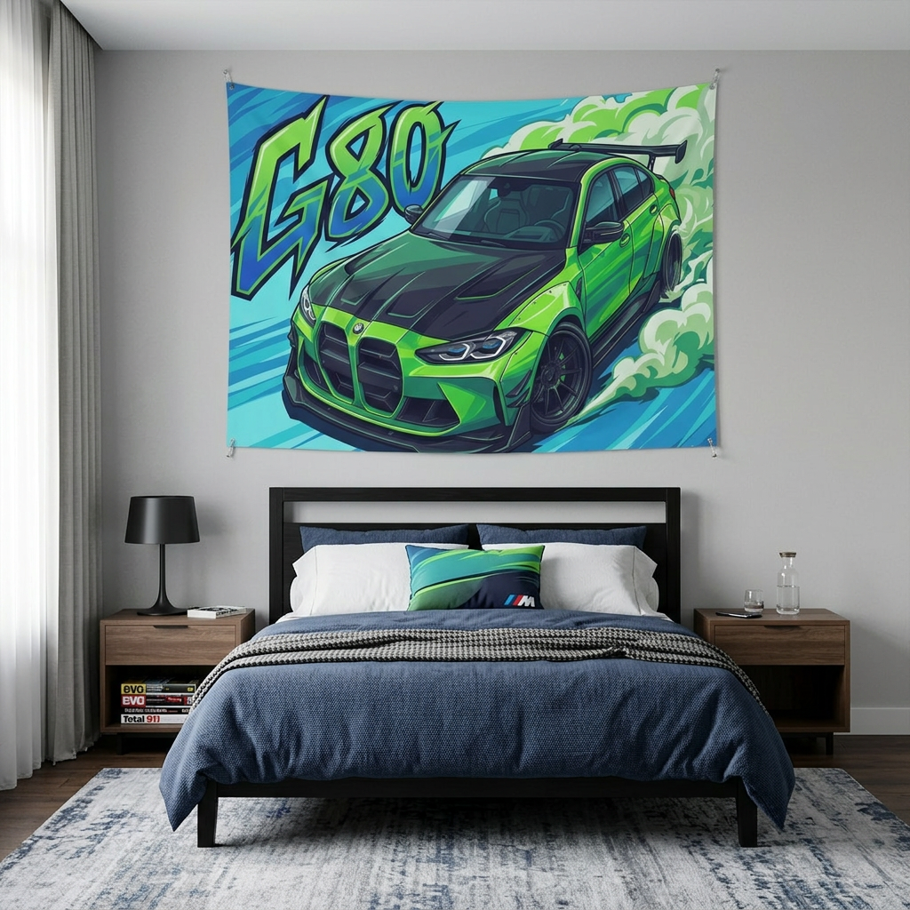 BMW M3 G80 Lime Green Black Bonnet Graffiti Style Aerial Bold Graphic Car Wall Art Tapestry